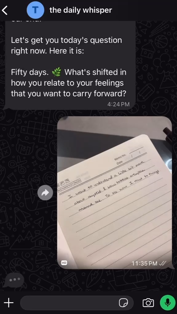 A real Daily Whisper question on WhatsApp, answered with a photo of a handwritten journal page